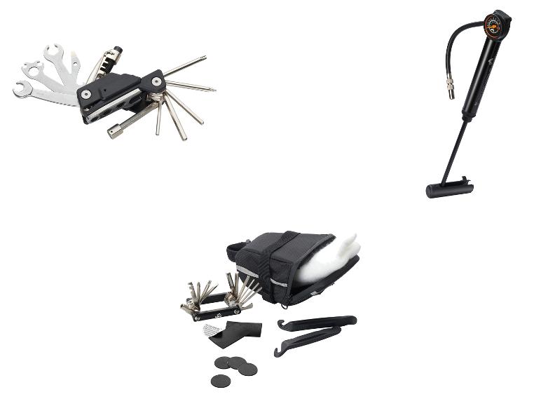 CRIVIT Fahrrad-Multifunktionswerkzeug / Untersatteltasche mit Werkzeug / Minipumpe mit Manometer