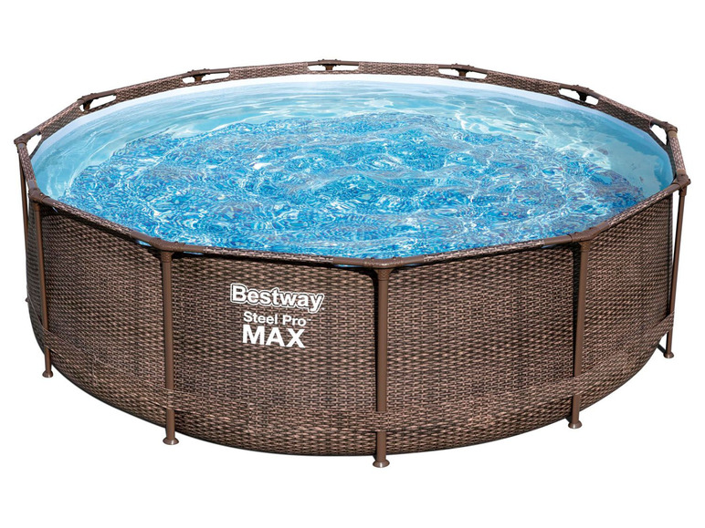 BESTWAY Steel Pro MAX Frame Pool Set mit Filterpumpe Ø 366 x 100 cm,Rattan-Optik (Schokobraun), rund