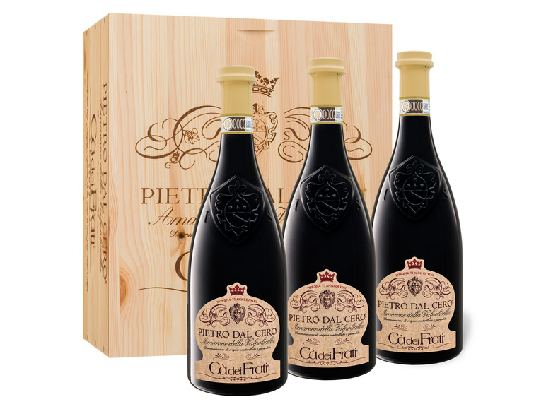 3 x 0,75-l-Flasche Cà dei Frati Pietro Dal Cero Amarone Della Valpolicella DOCG trocken, Rotwein 2018 - mit Holzkiste