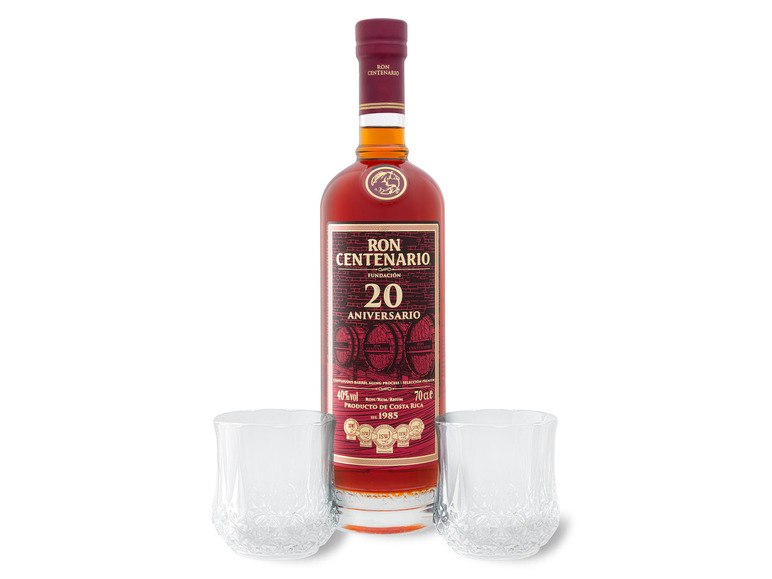 RON CENTENARIO Fundación Rum 20 Jahre + 2 Tumbler, 40% Vol