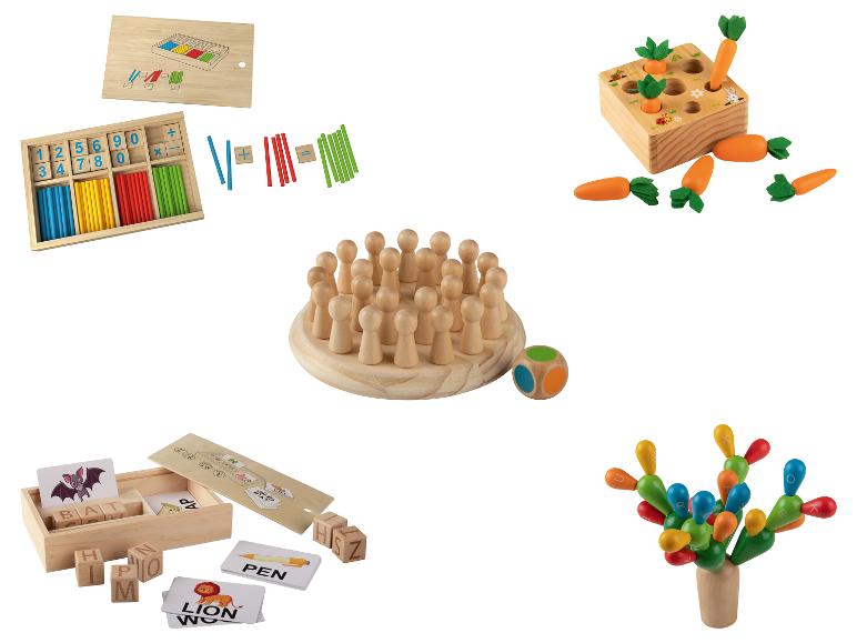 LUPILU® Stäbchen-Spiel / Holz-Gedächtnisspiel / Buchstabenwürfel-Spiel / Karotten-Steckspiel / Kaktus-Steckspiel